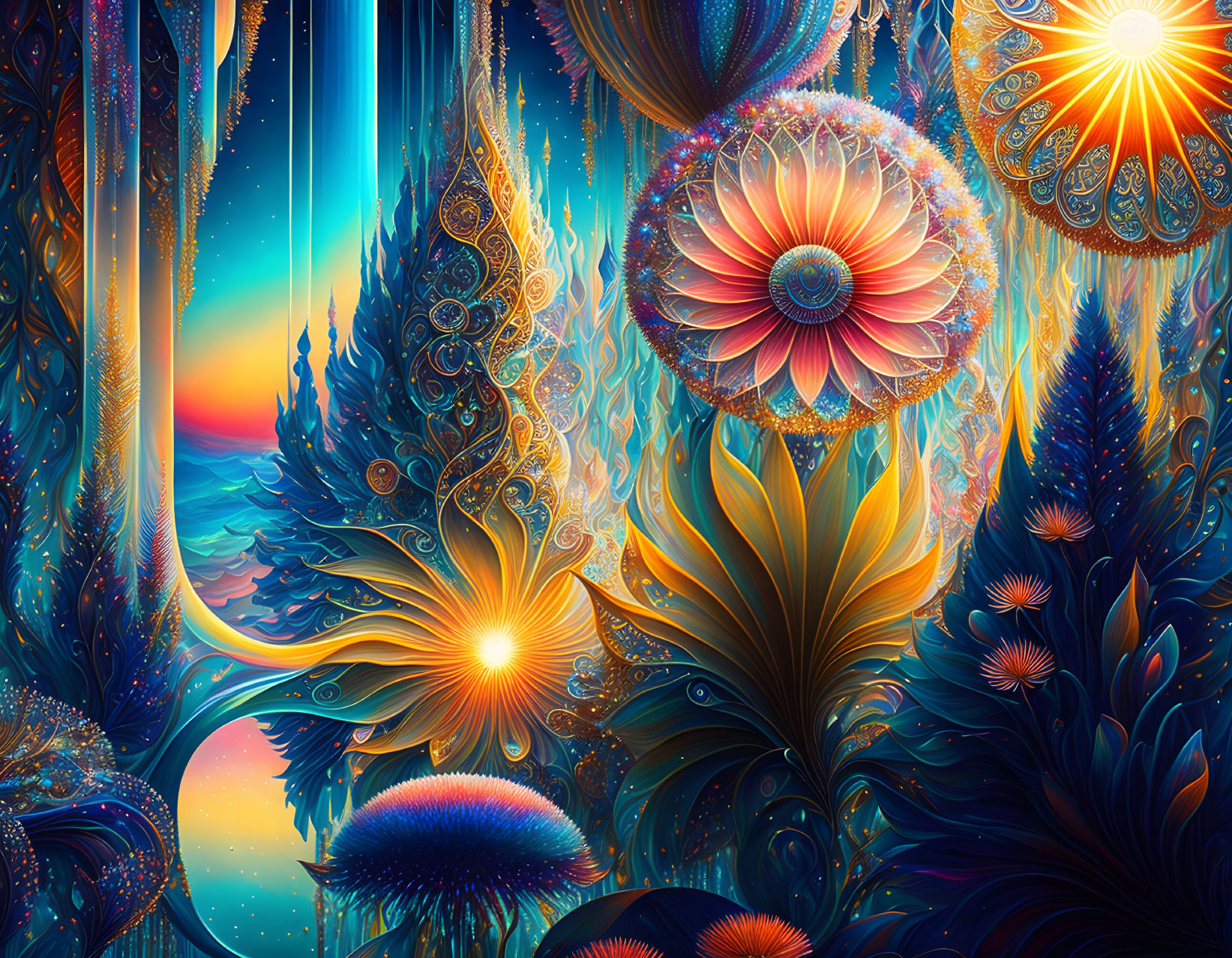 Psychedelic neon artwork with intricate floral patterns & cosmic forest theme