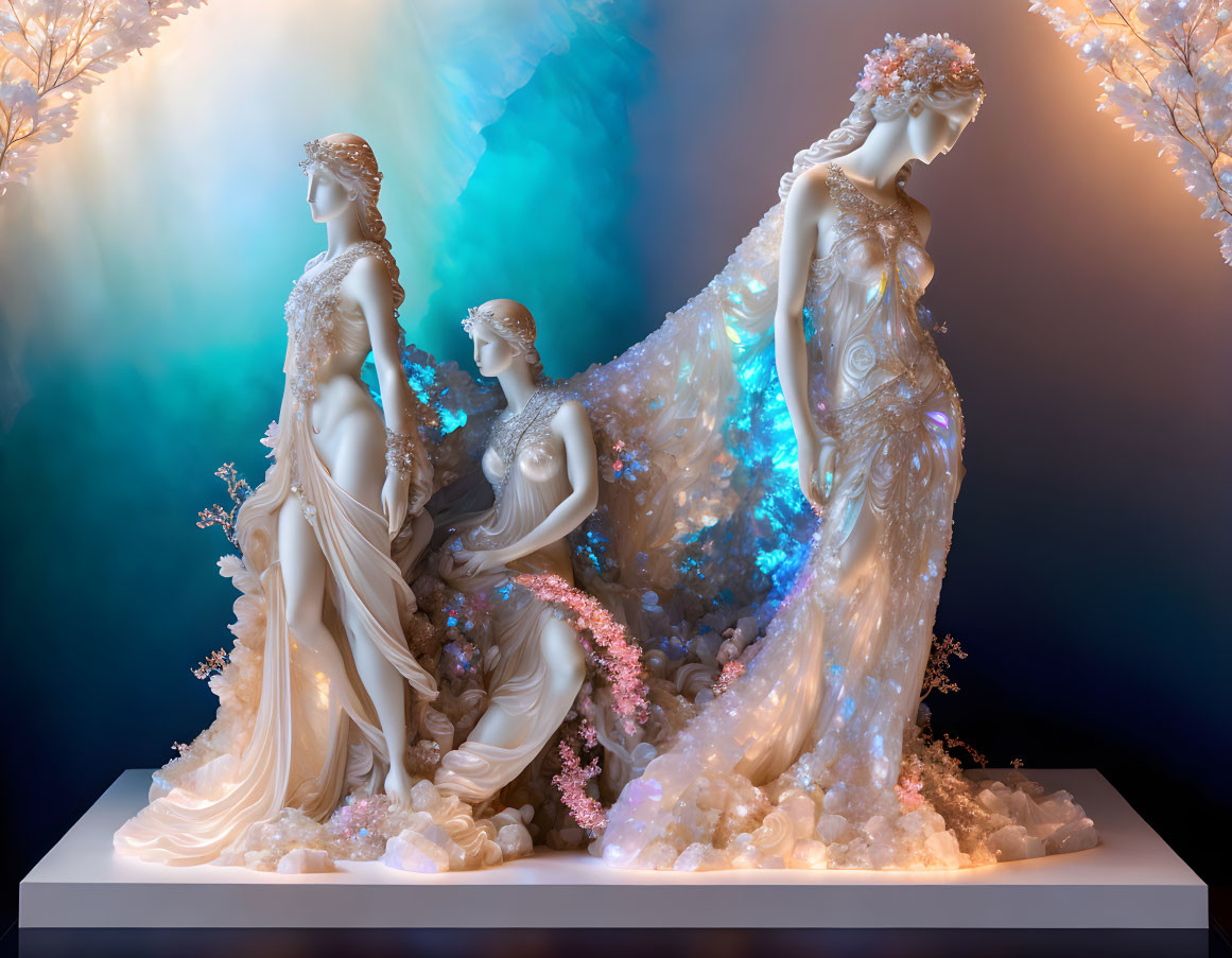 Elegant statues of women in flowing gowns under soft blue and warm light