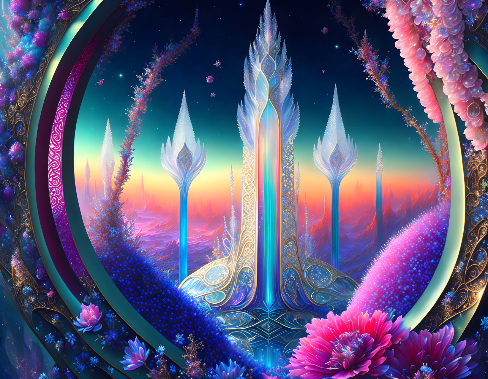 Fantastical landscape with moon gates, luminescent flora, crystal towers, and starry sky