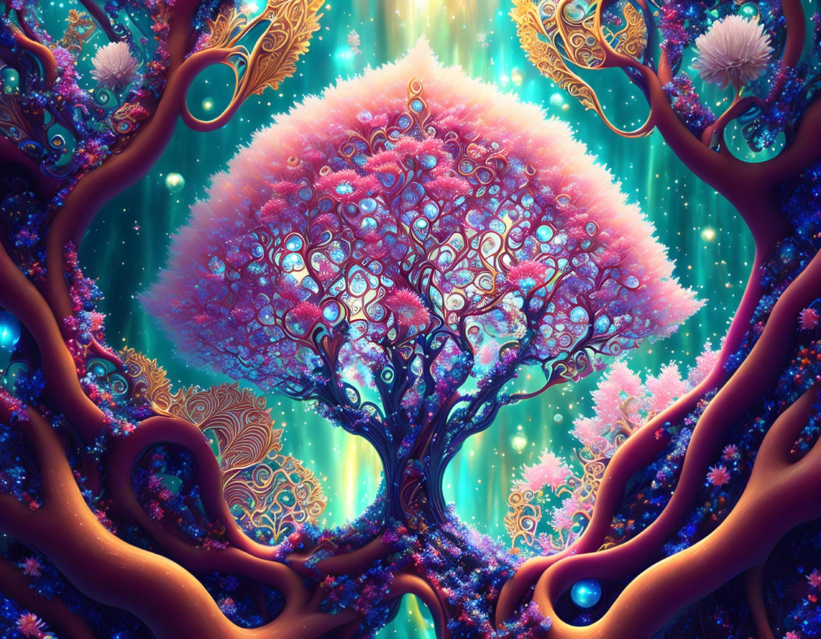 Fantastical pink foliage tree in teal background