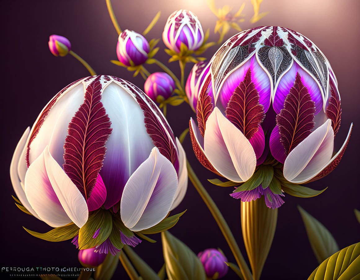 Vibrant fantasy flowers with glowing bulbs and intricate designs on soft background