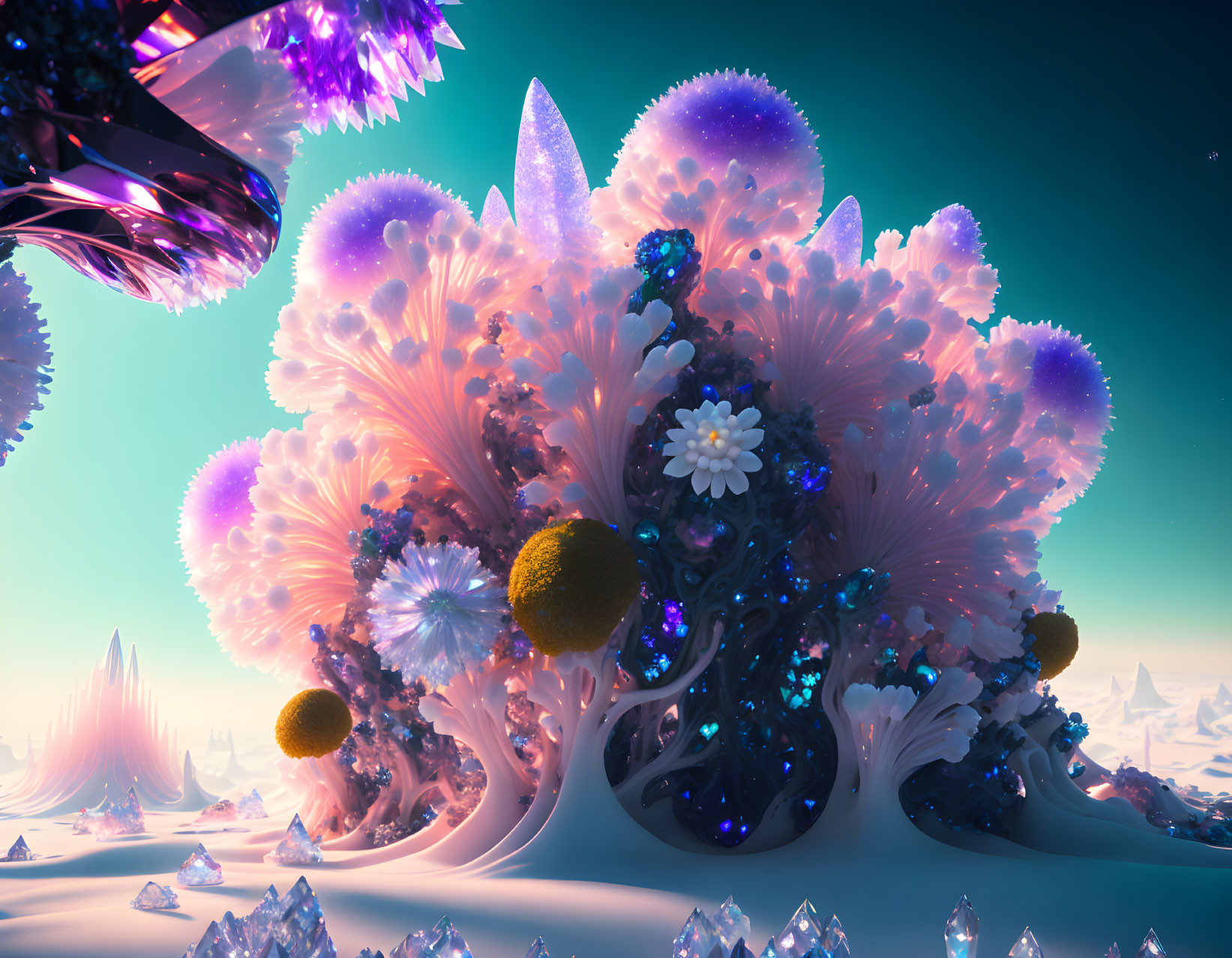 Colorful Alien Landscape with Crystal Formations and Fantastical Flora