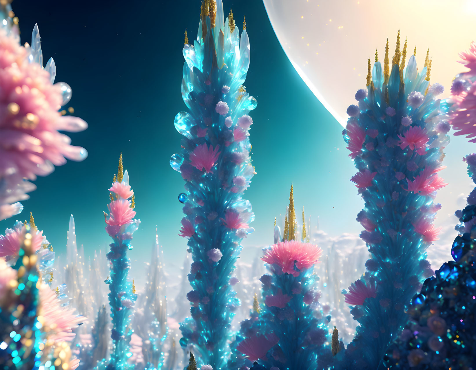 Vibrant crystalline structures and blossoms in celestial landscape