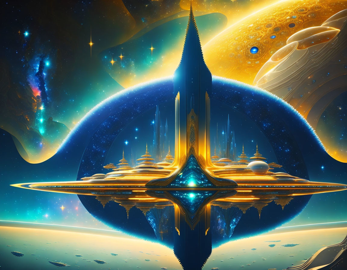 Futuristic cosmic cityscape with celestial bodies and glass surface