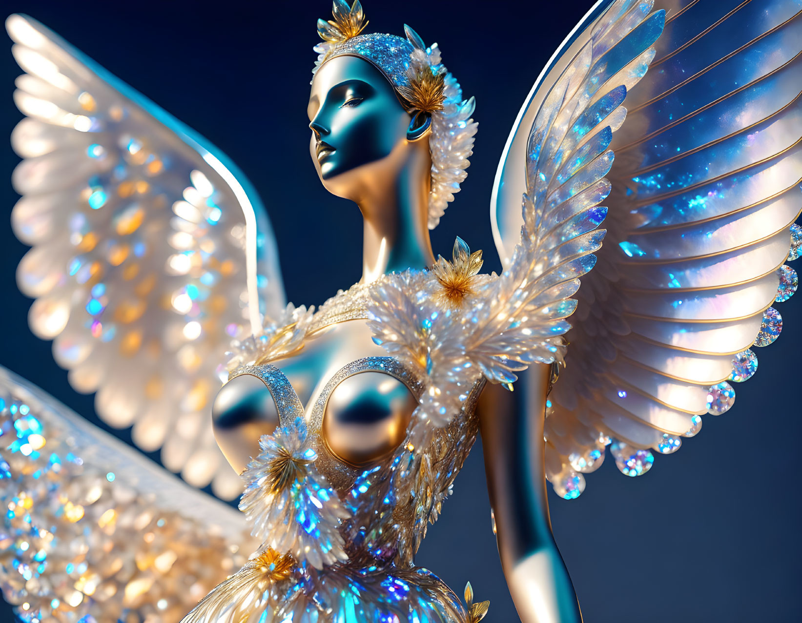 Metallic Blue-Faced Angel with Golden Hair and Opulent Wings