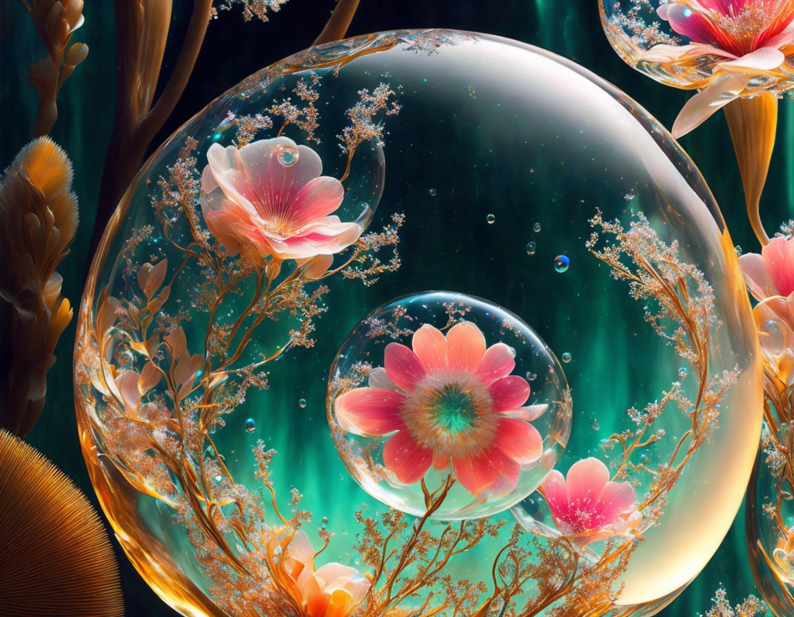 Surreal artwork: Translucent spheres with flowers, golden plant structure, dark background