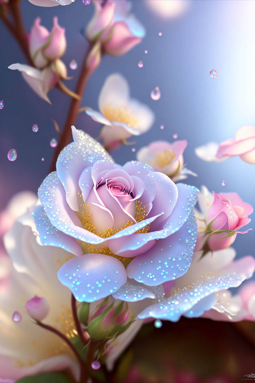 Glowing pink-white rose with dewdrops on dreamy blue background