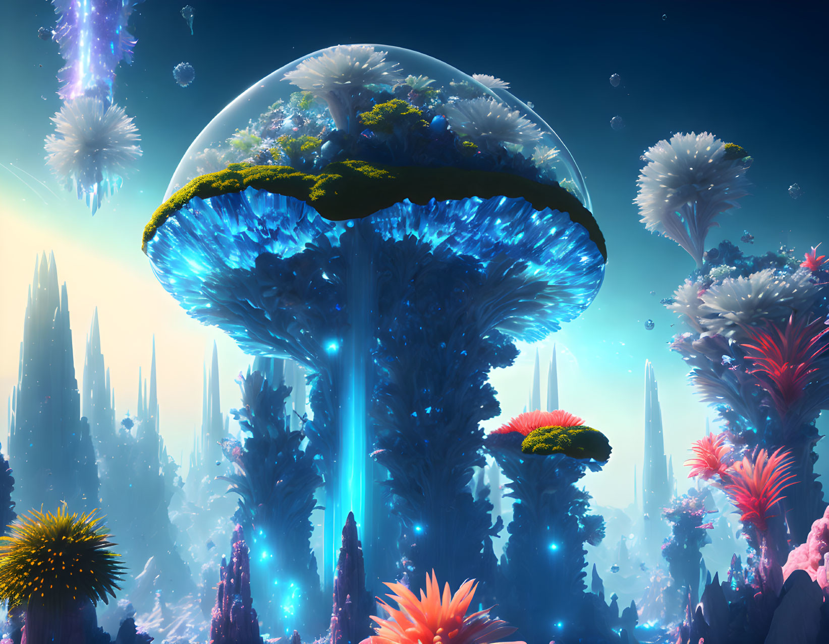 Colorful Fantasy Landscape with Giant Mushroom Structures and Ethereal Lighting