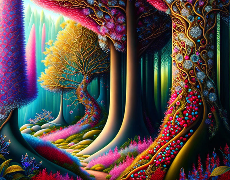 Colorful Fantasy Forest with Intricate Trees & Mystical Pathway