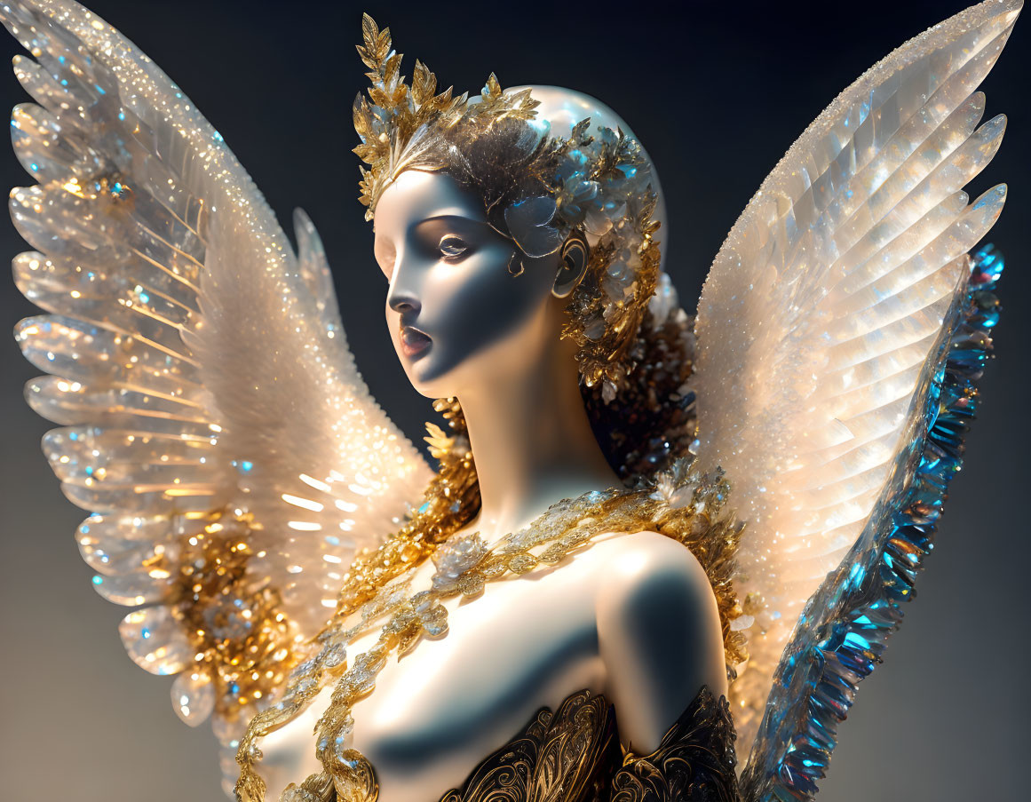 Golden-winged angel with ornate crown in 3D-rendered image