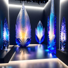 Large Illuminated Crystal Sculptures Exhibition Against Dark Backdrop