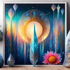 Colorful tapestry featuring cosmic, nature motifs, mandala, crystals, feathers, and flower on