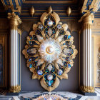 Elegant gold and white ceiling chandelier with blue moldings and golden columns