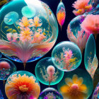 Colorful digital art: ethereal bubbles, floral and coral structures on dark oceanic background