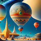 Vibrant hot air balloons over alien landscape with spire-like structures