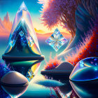 Colorful Fantasy Landscape with Crystal Structures and Reflective Surfaces