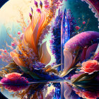 Fantasy landscape with luminescent flowers, crystalline structures, and reflective water.