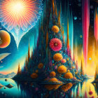 Colorful fantasy landscape with glowing flowers, starlit sky, and reflective water