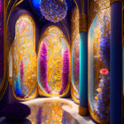 Colorful Coral Structures and Golden Tree Patterns in Fantastical Interior