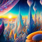 Vivid Fantasy Landscape with Alien Structures and Galactic Sky