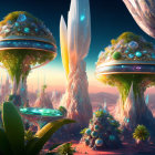 Sci-fi landscape with floating islands, crystalline structures, lush greenery