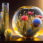 Colorful 3D-rendered glass objects with floral and bubble designs on reflective surface