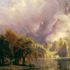 Tranquil lake, misty hills, and towering mountains in serene landscape