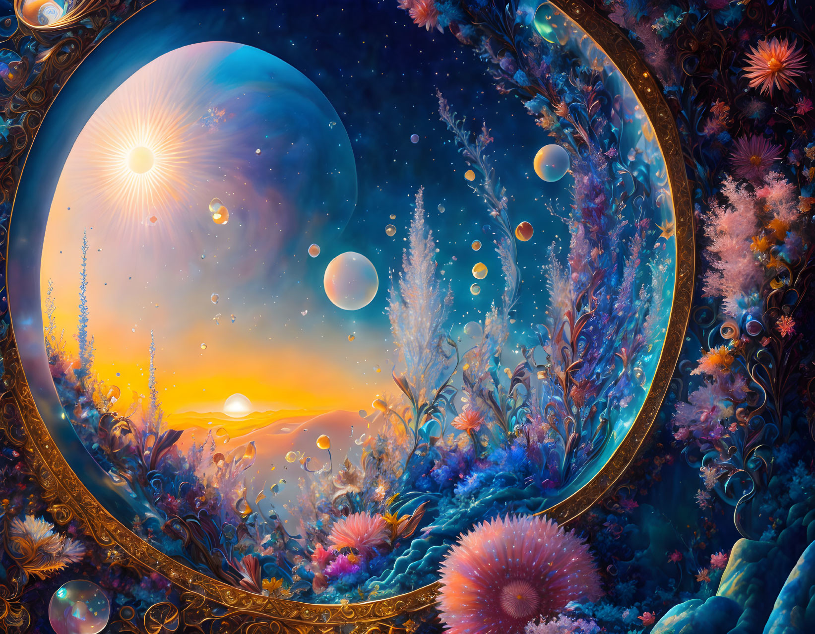 Fantastical landscape with circular portal, colorful flora, and floating spheres