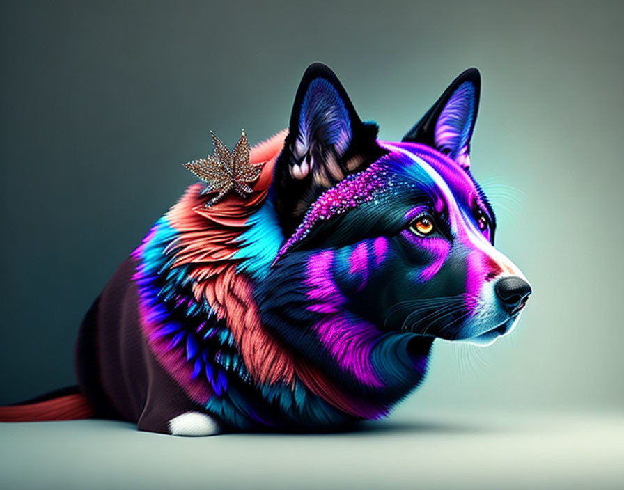 Colorful Neon Fur Dog Portrait with Sparkling Crown Accessory