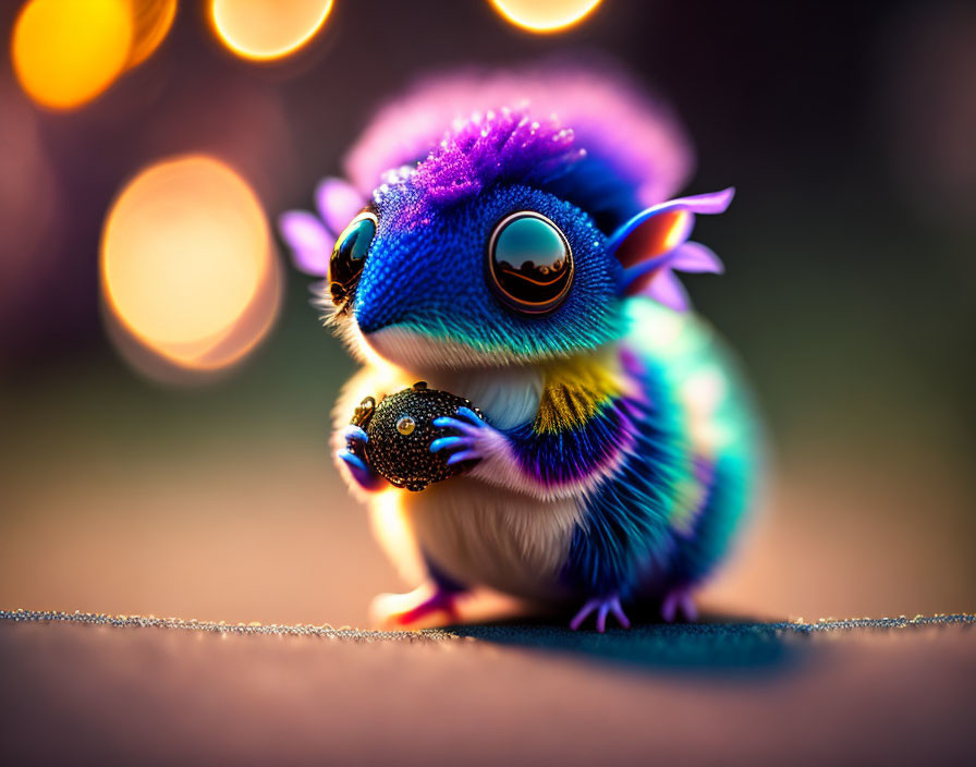 Vibrant illustration of fantastical furry creature with large eyes and iridescent feathers