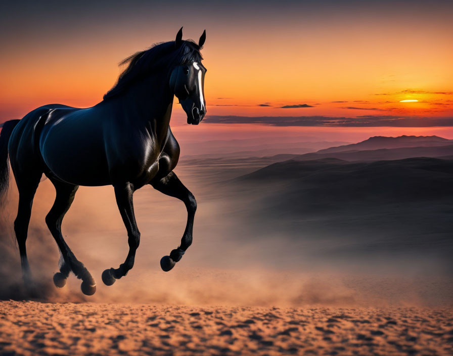 Majestic black horse galloping on sandy terrain at sunset