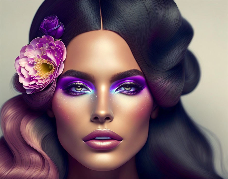 Vibrant woman illustration with flowing hair and purple eyeshadow