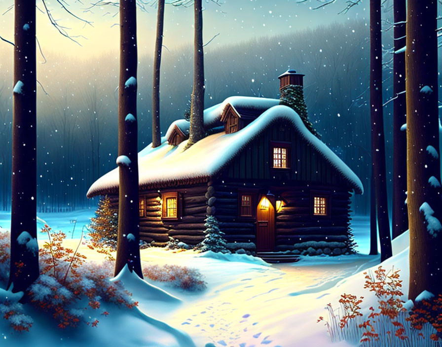 Snowy forest log cabin under starry night sky