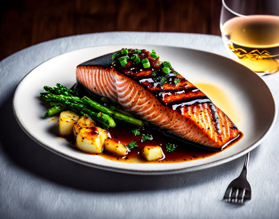 Delicious Grilled Salmon with Asparagus and Roasted Potatoes on Wooden Table