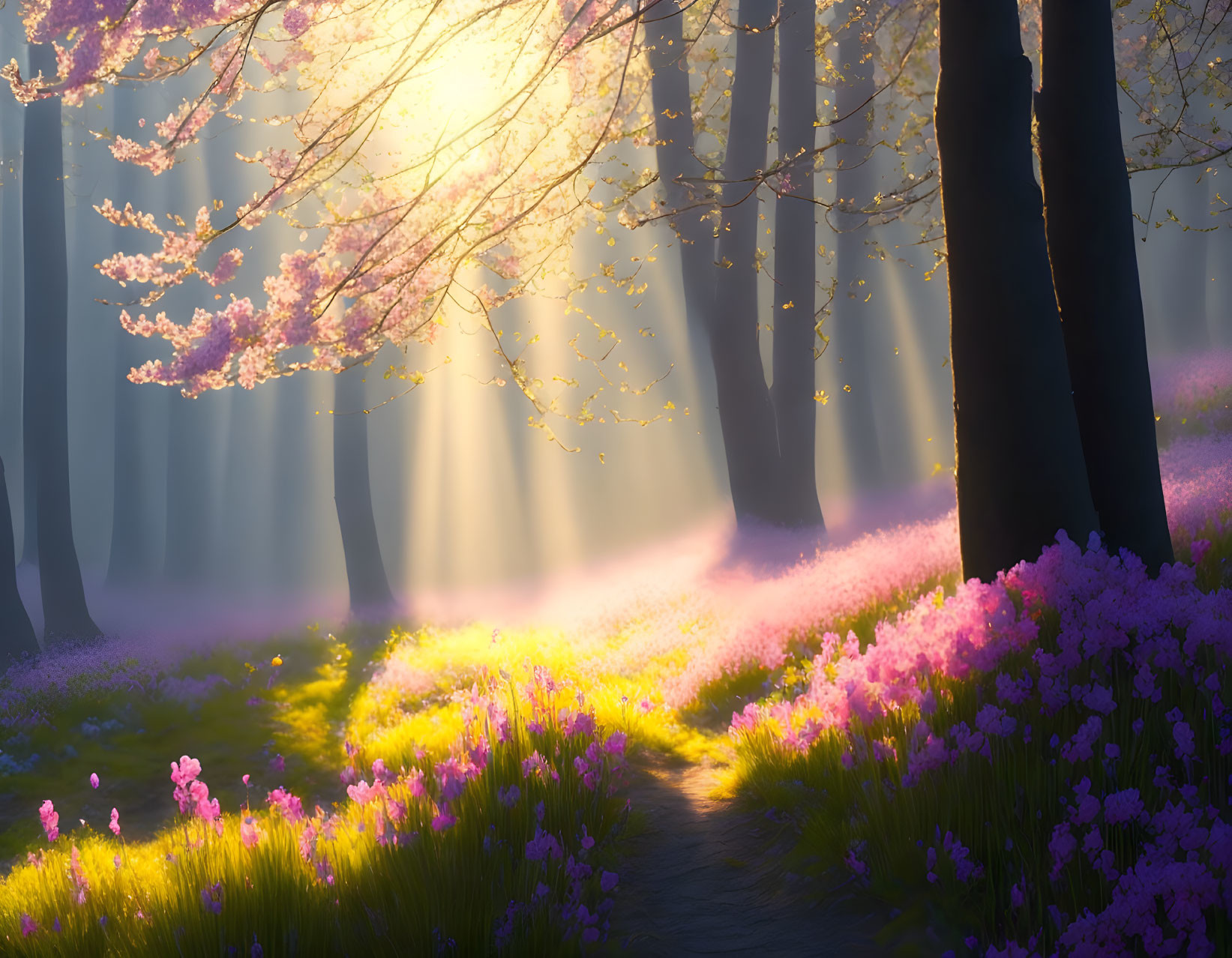 Tranquil forest path with pink cherry blossoms and sunlight filters.