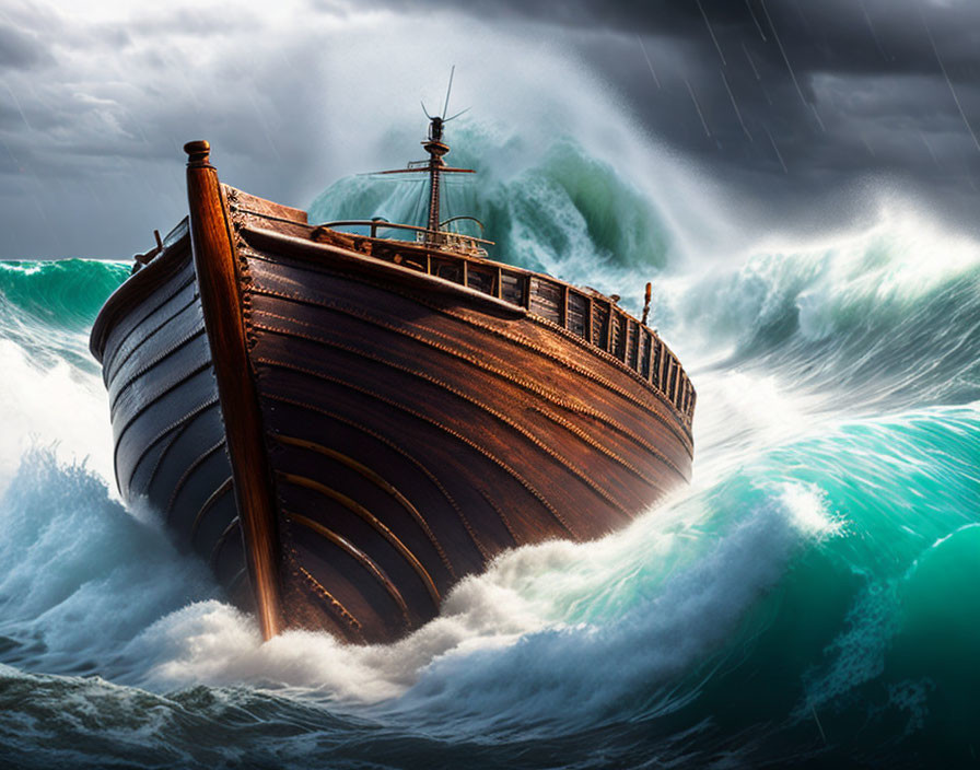 Boat battling stormy seas with towering waves and dark clouds