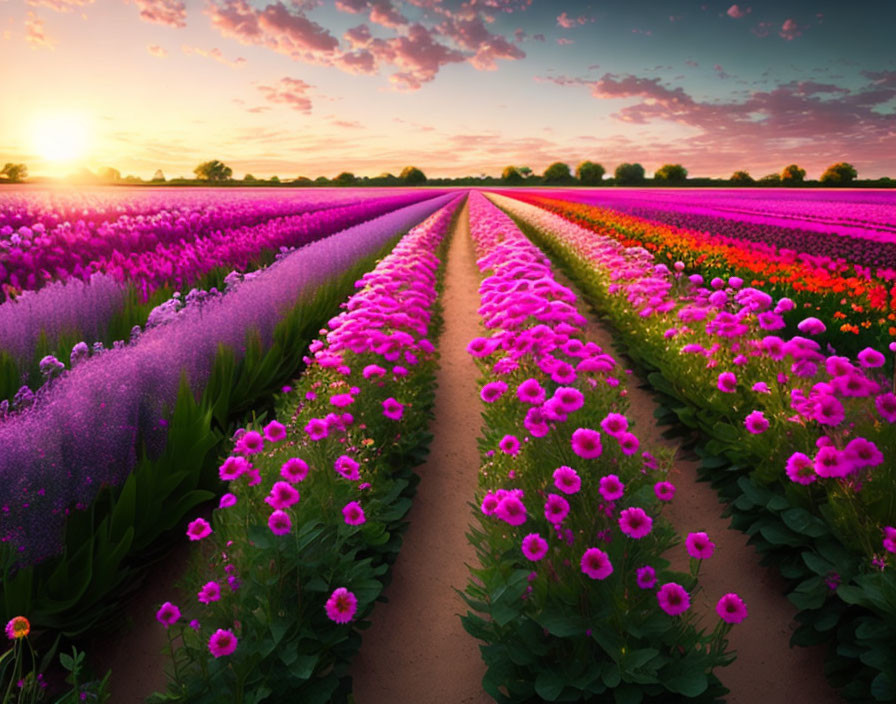 Colorful sunset sky over purple and pink flower field