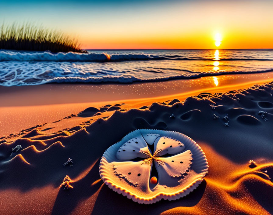 Colorful Beach Sunset with Seashell and Ocean View