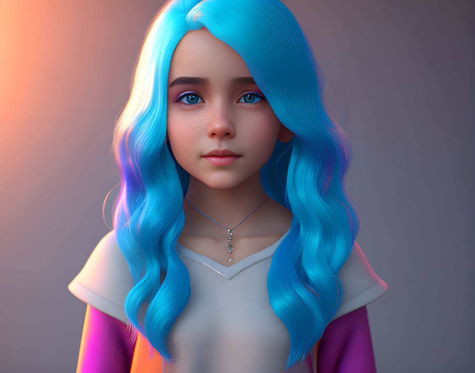 Vibrant blue hair girl in white and purple outfit with expressive eyes