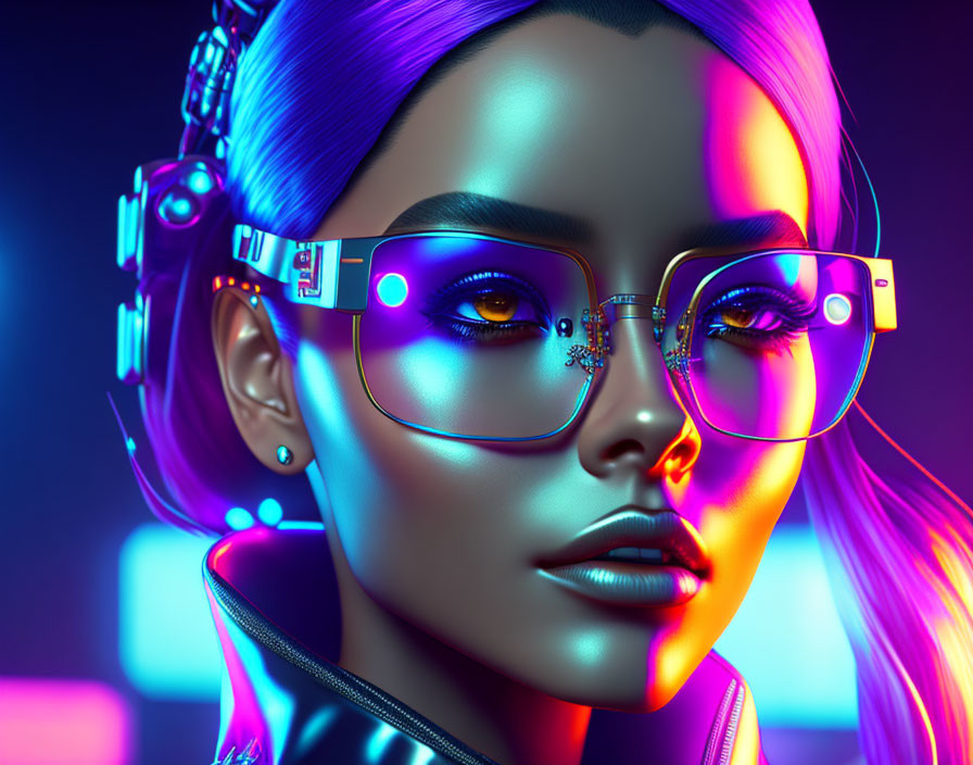 Digital artwork: Woman with neon lighting, futuristic glasses, headphones in cyberpunk style