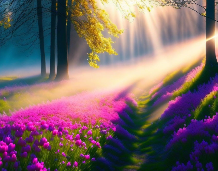 Forest Sunbeams Illuminate Vibrant Flowers