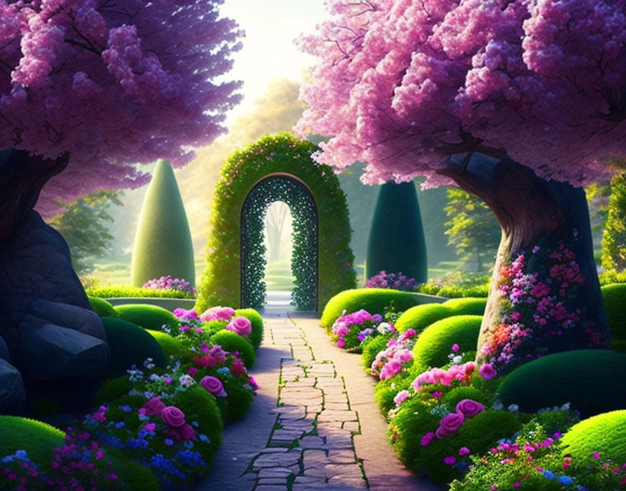 Colorful Garden Path with Pink Blooming Trees and Whimsical Archway