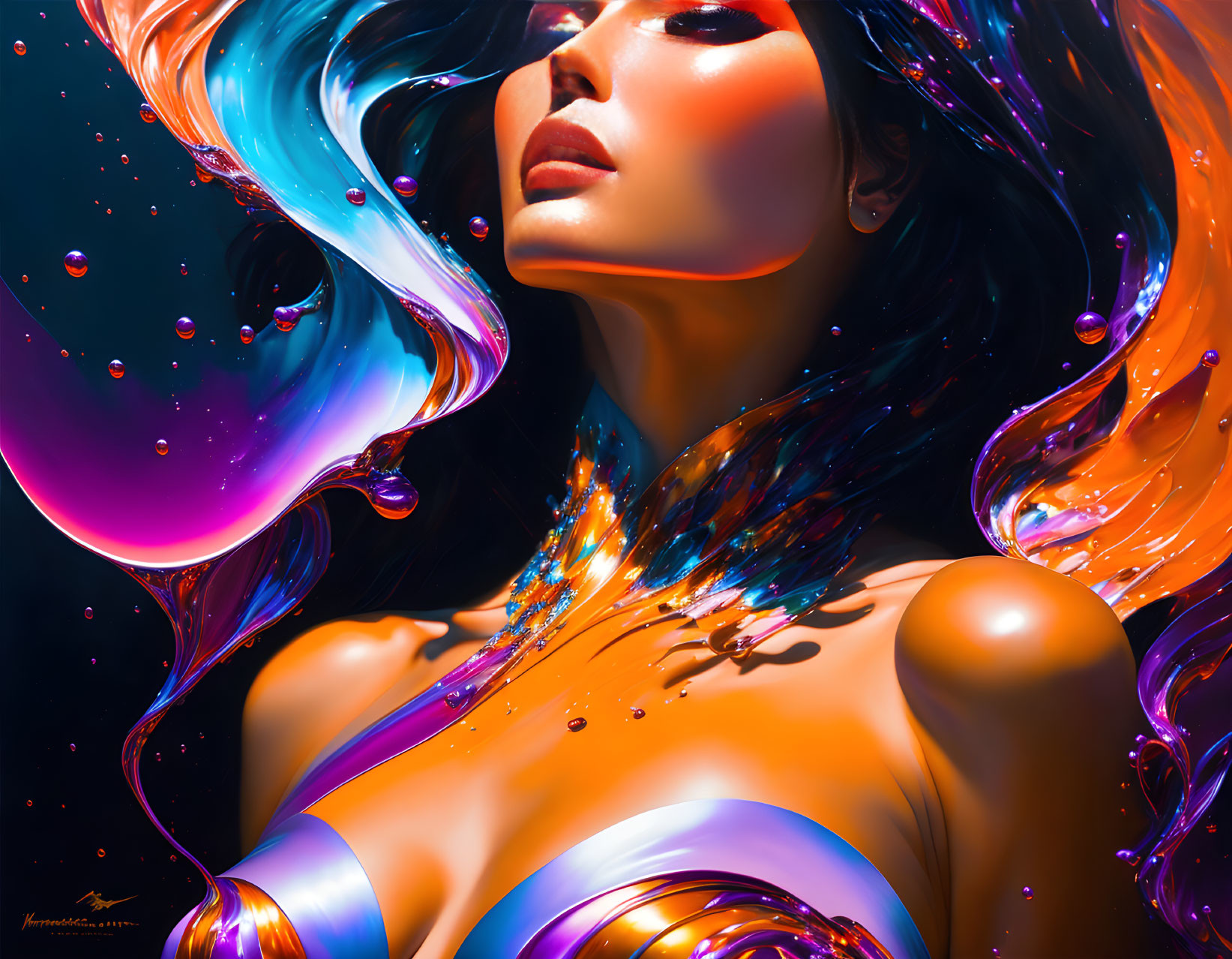 Colorful digital art: Woman with flowing, multi-colored hair and water effects