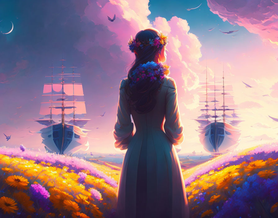 Woman in dress gazes at sailing ships in colorful sky