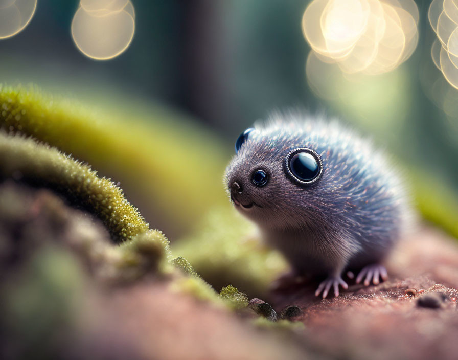 Adorable animated creature with large eyes on mossy surface