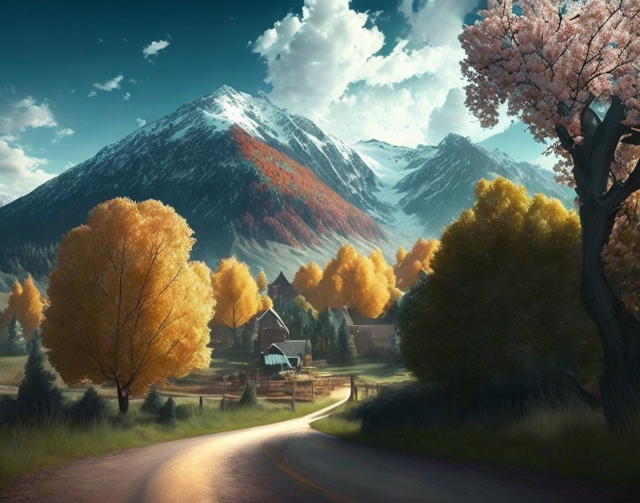 Scenic landscape with winding road, autumn trees, cherry blossom, snow-capped mountains