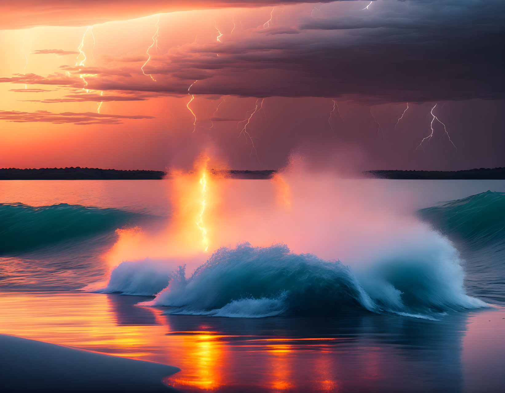 Stormy Seascape with Fiery Orange Sky and Lightning Strike