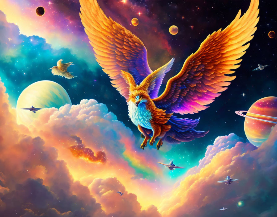 Colorful Phoenix Soaring in Cosmic Sky