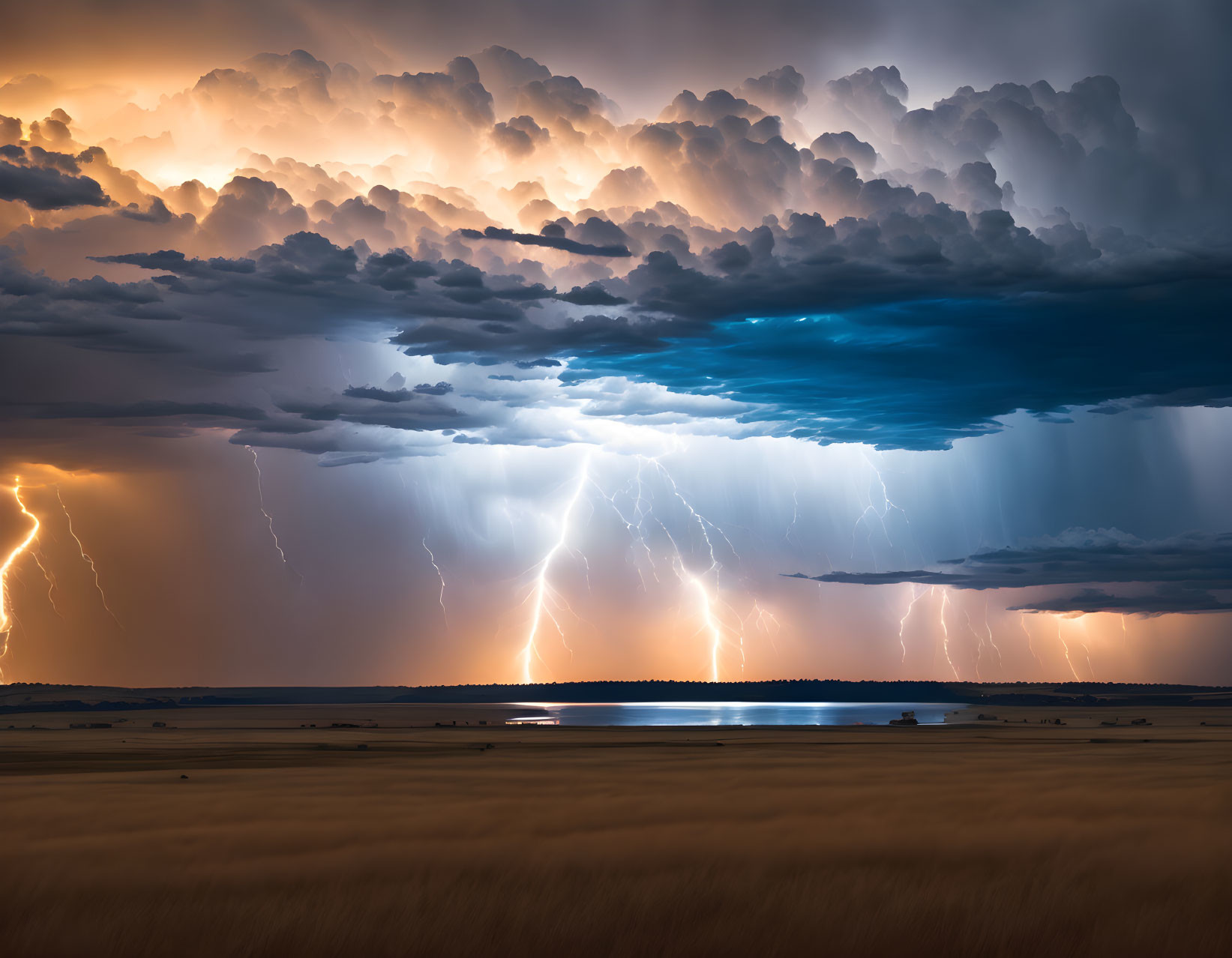 Multiple lightning strikes over stormy sky and golden plain