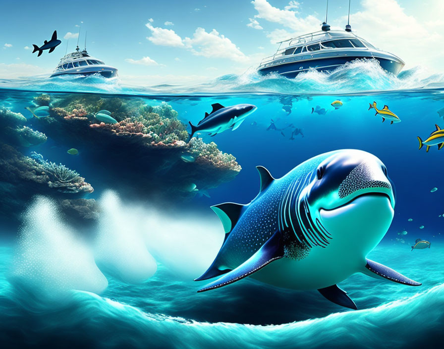 Yachts sailing over vibrant underwater scene with whale shark, fish, and coral reefs